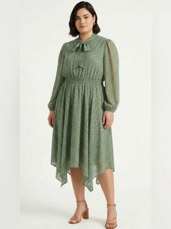 Lark + Grey green floral print midi dress handkerchief hem size L - Picture 1 of 7